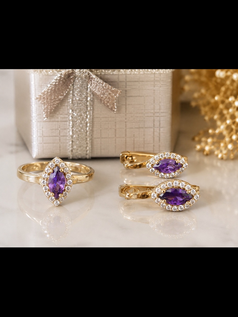 💜 Vintage Amethyst & CZ Marquise Jewelry Set – Ring Size 8.25